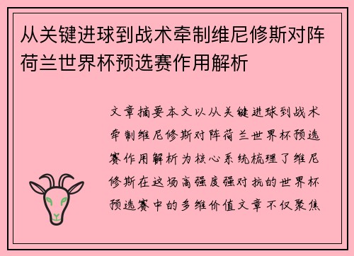 从关键进球到战术牵制维尼修斯对阵荷兰世界杯预选赛作用解析